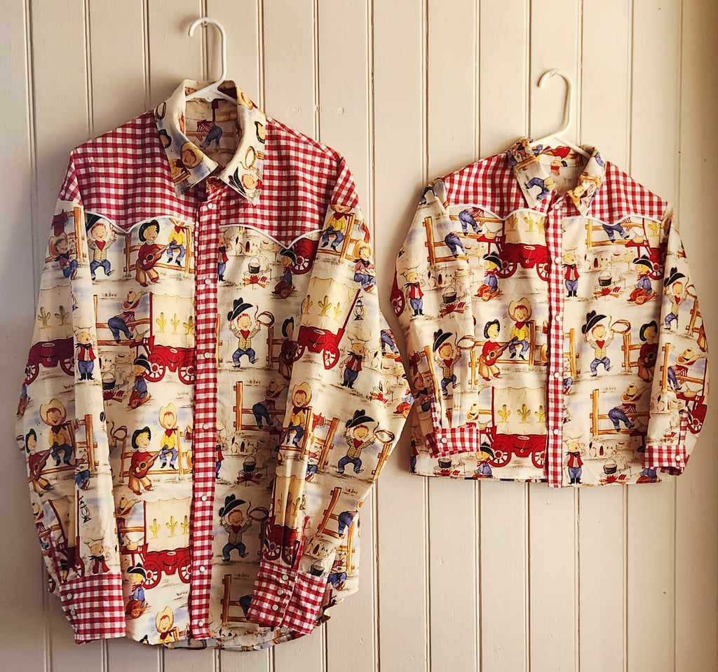 Unique, super fun Dad and child matching western shirts. Adult size Large and child size Large